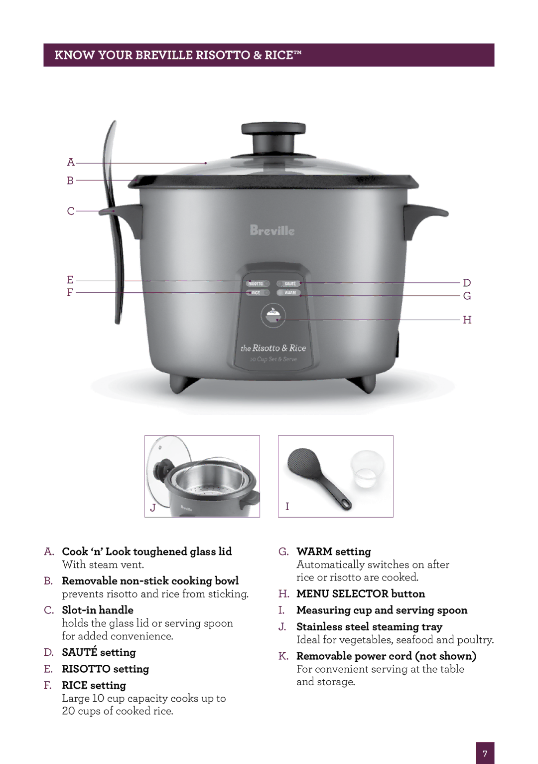 Breville BRC520 manual Know Your Breville Risotto & Rice 