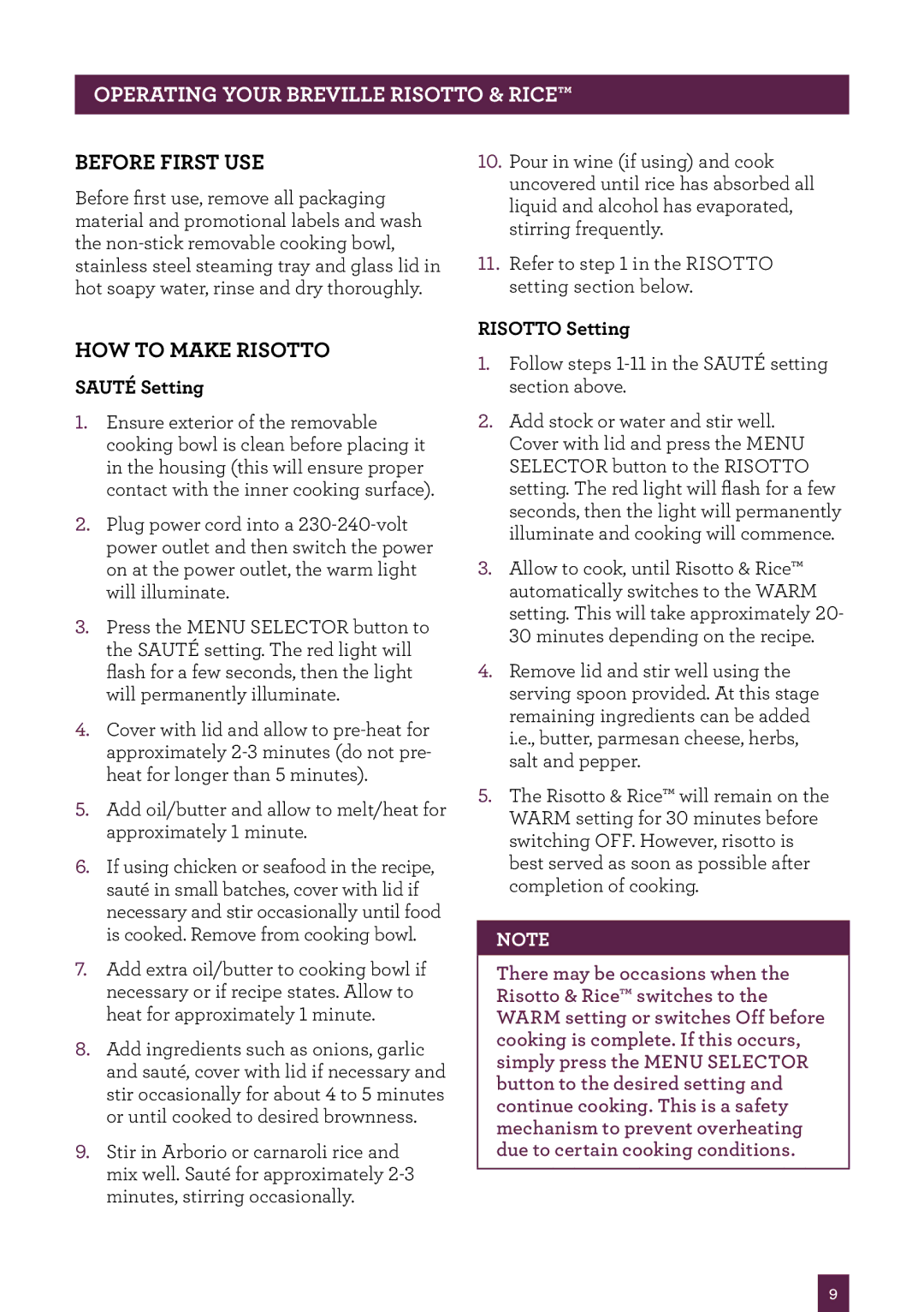 Breville BRC520 manual Operating Your Breville Risotto & Rice, Before First Use, How to Make Risotto 