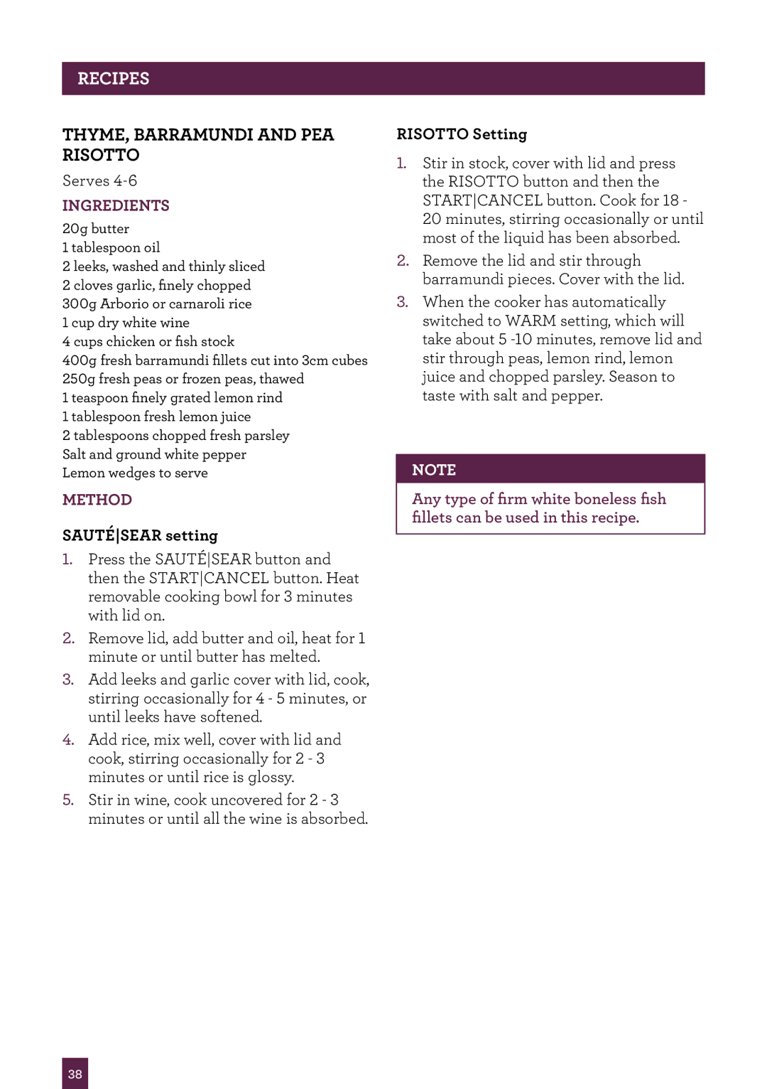 Breville BRC600 manual Thyme, Barramundi and pea risotto 