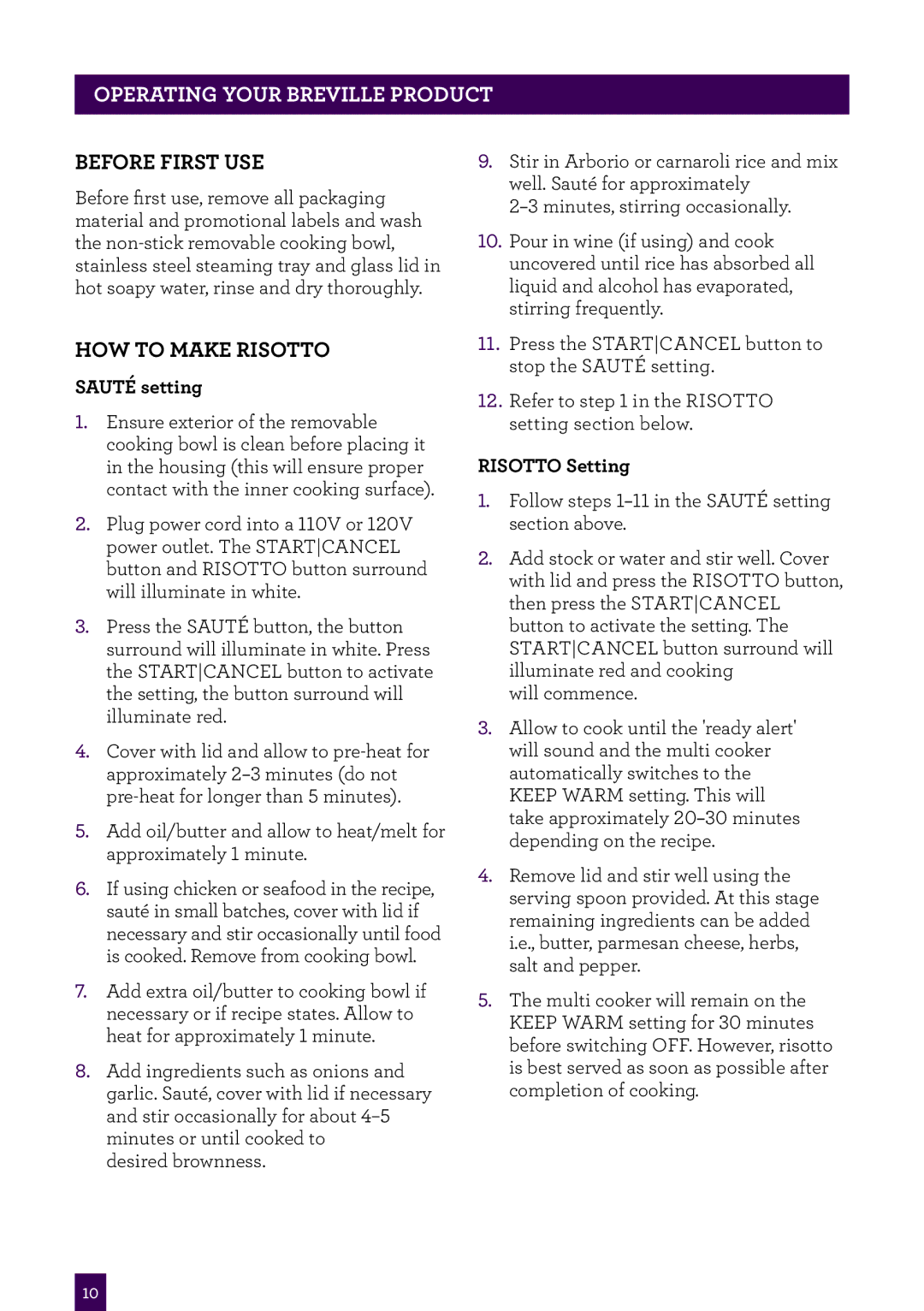Breville BRC600XL manual PAgeOperatingheaderYour..... Breville Product, Before First Use, How to Make Risotto 