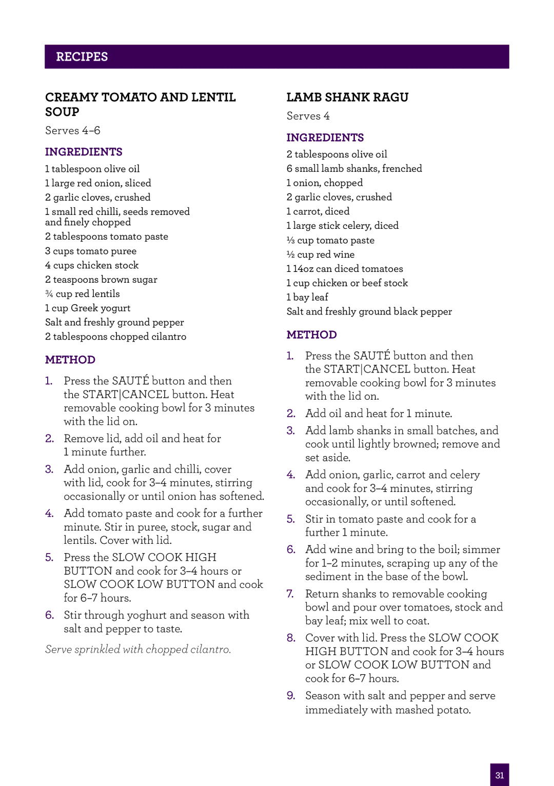 Breville BRC600XL manual PAgerecipesheader, Creamy tomato and lentil soup, Lamb shank ragu 