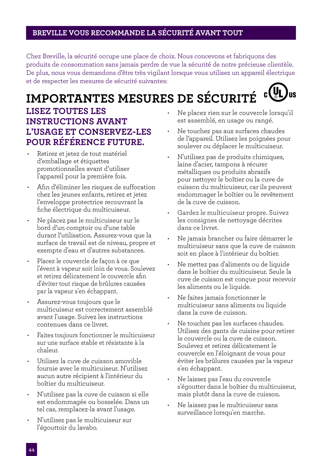 Breville BRC600XL manual Importantes Mesures DE Sécurité 