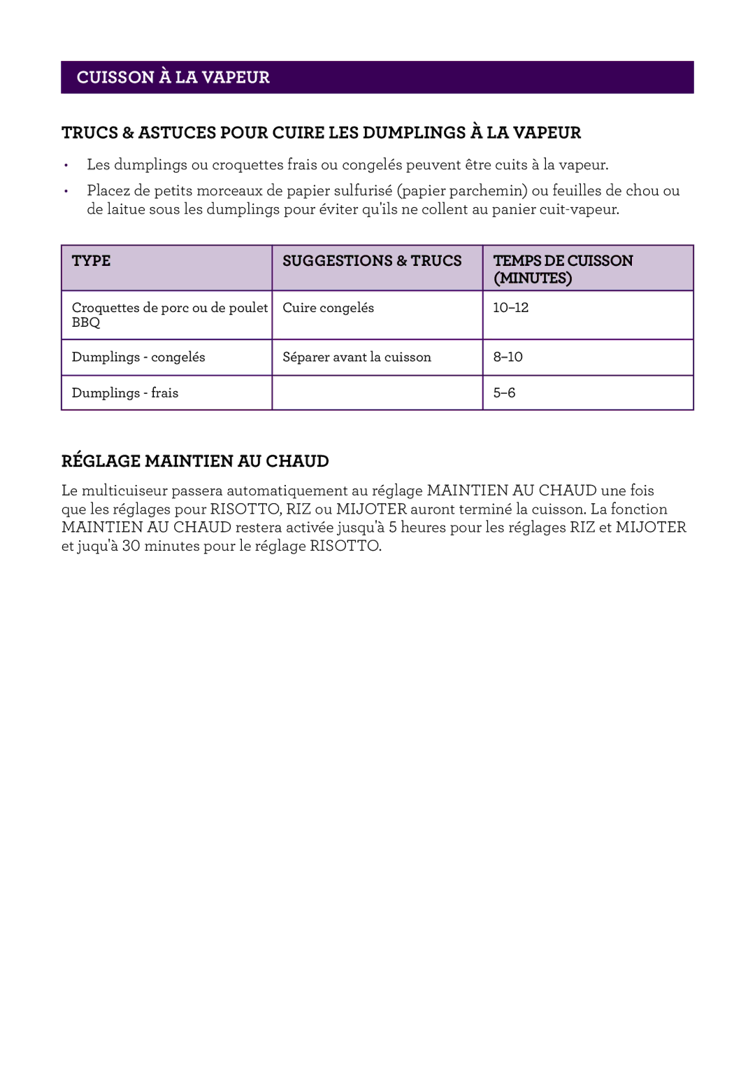 Breville BRC600XL manual Trucs & Astuces Pour Cuire LES Dumplings À LA Vapeur, Réglage Maintien AU Chaud 