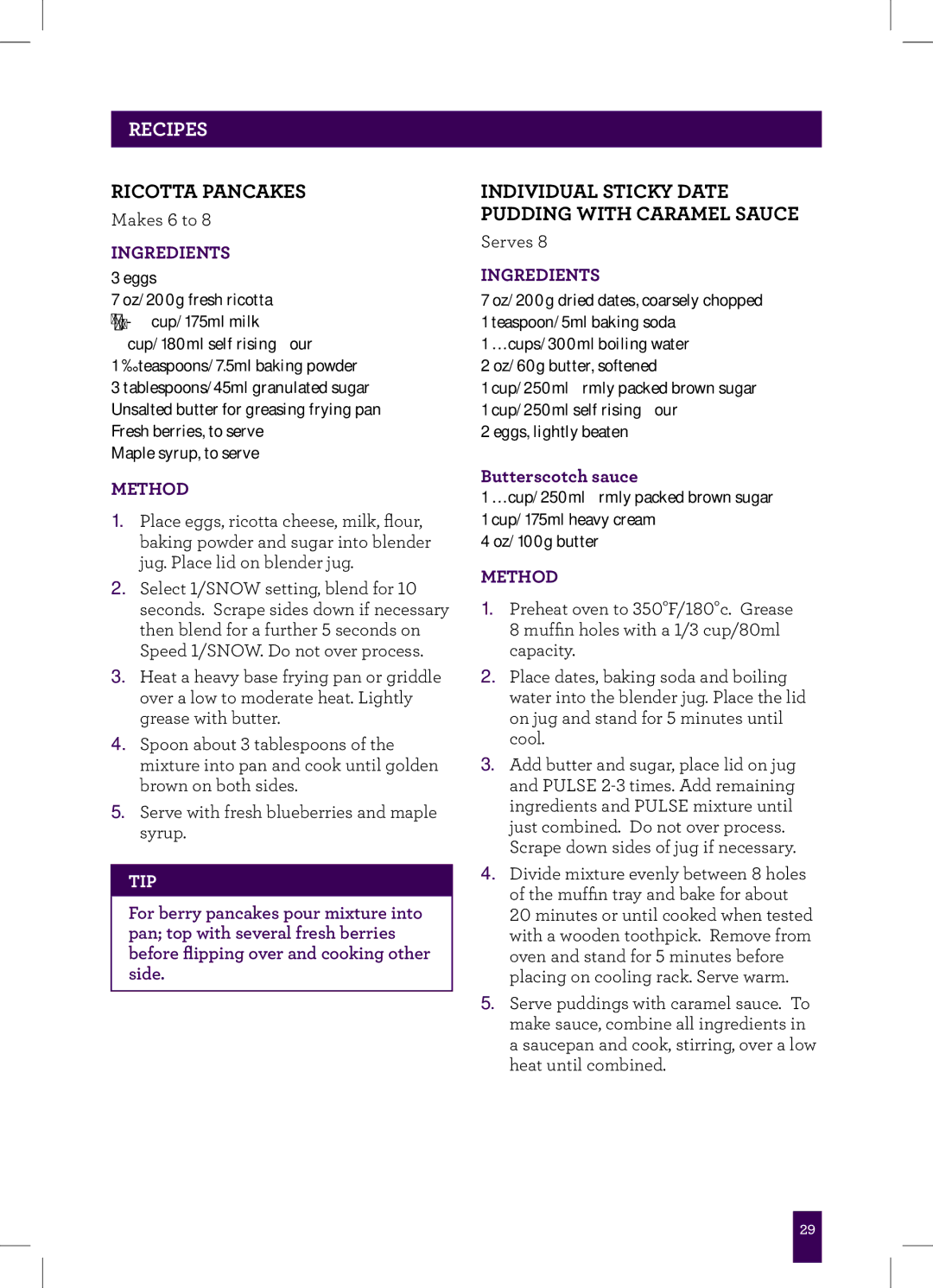 Breville BBL605XL, Breville manual Ricotta Pancakes, Individual Sticky Date Pudding with Caramel Sauce 