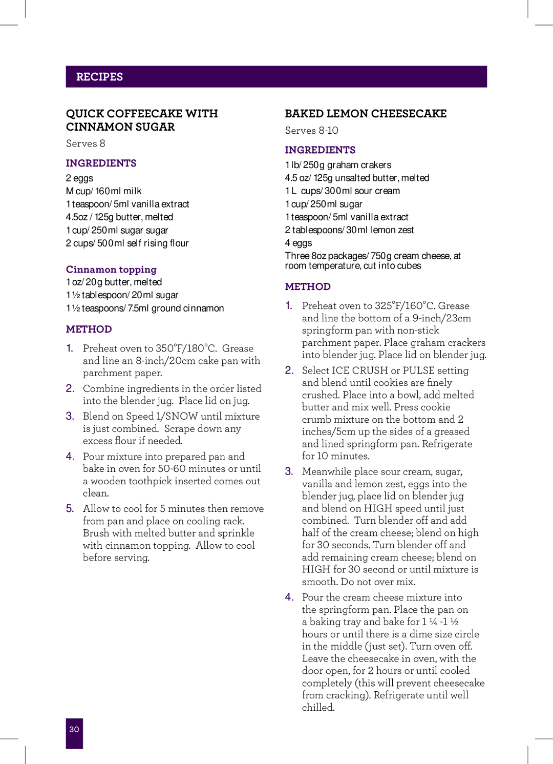 Breville Breville, BBL605XL manual Quick Coffeecake with Cinnamon Sugar, Baked Lemon Cheesecake 
