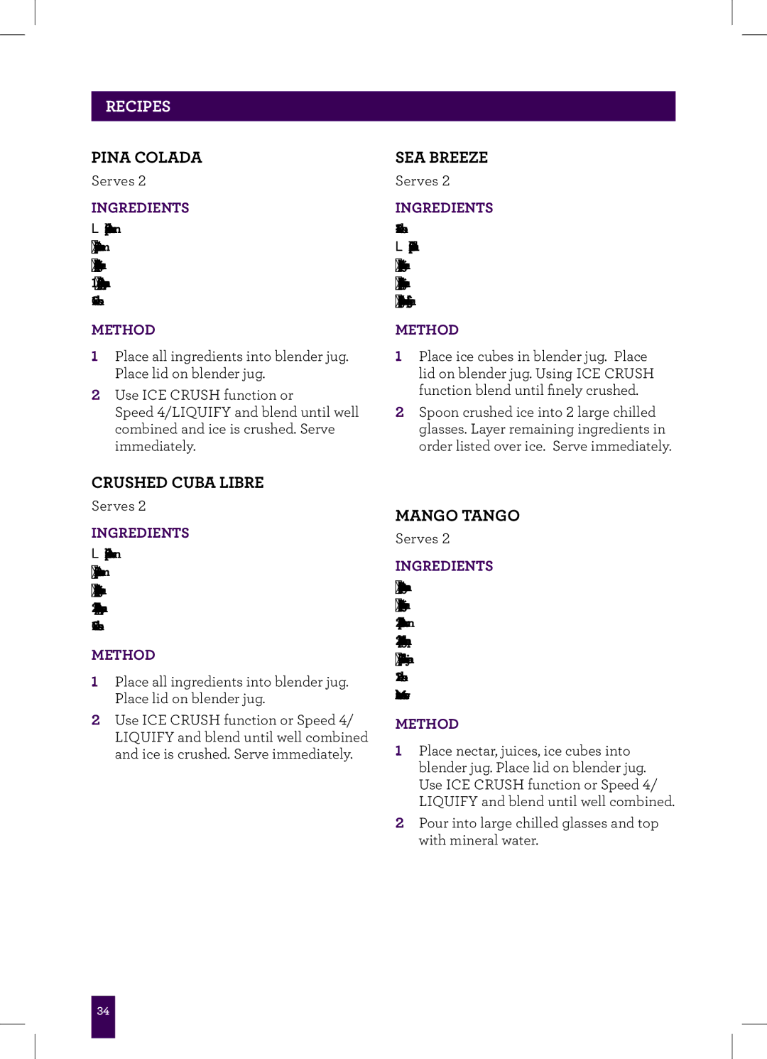 Breville Breville, BBL605XL manual Pina Colada, SEA Breeze, Crushed Cuba Libre, Mango Tango 