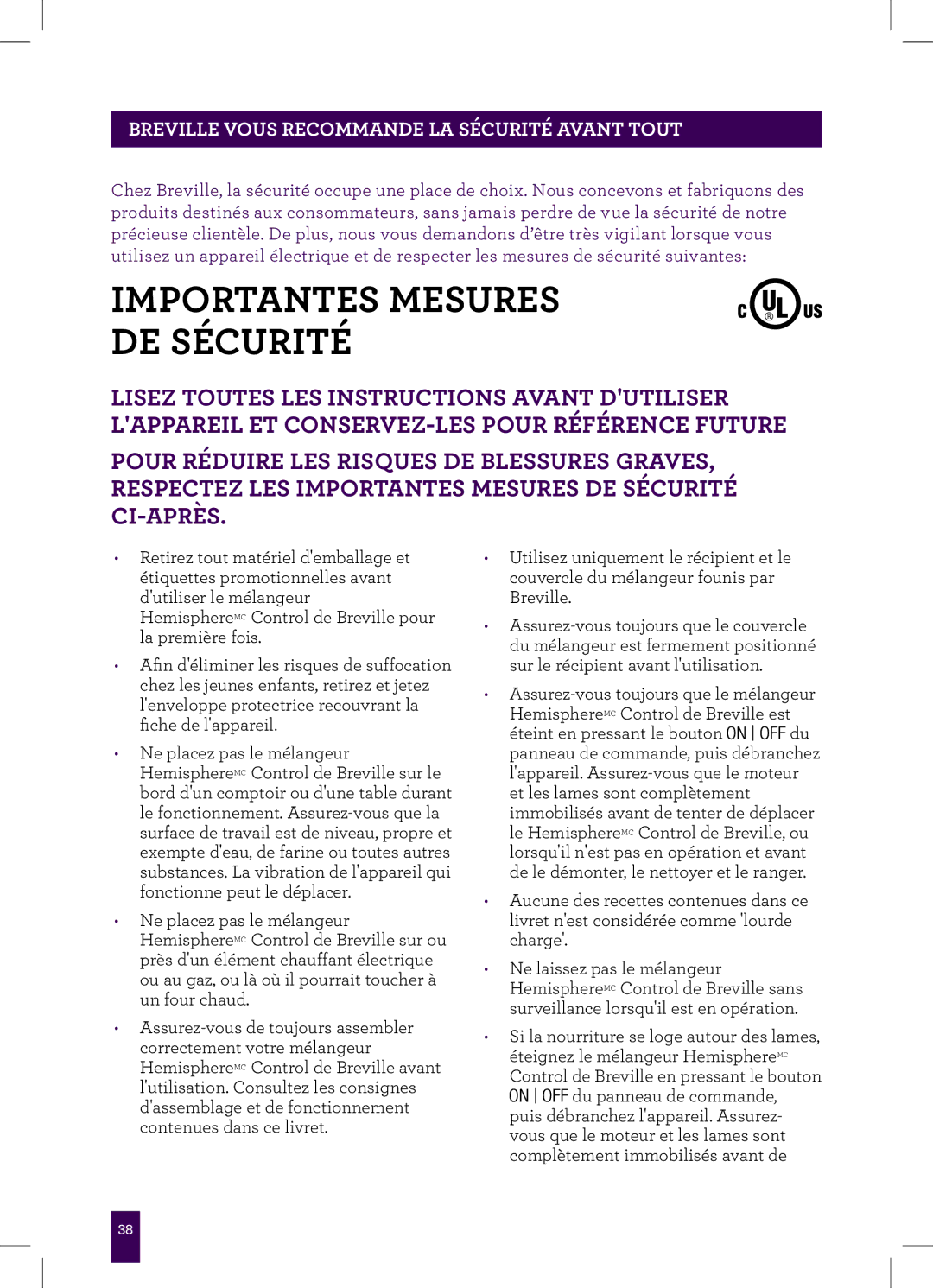 Breville BBL605XL manual Importantes Mesures DE Sécurité, Breville Vous Recommande LA Sécurité Avant Tout 