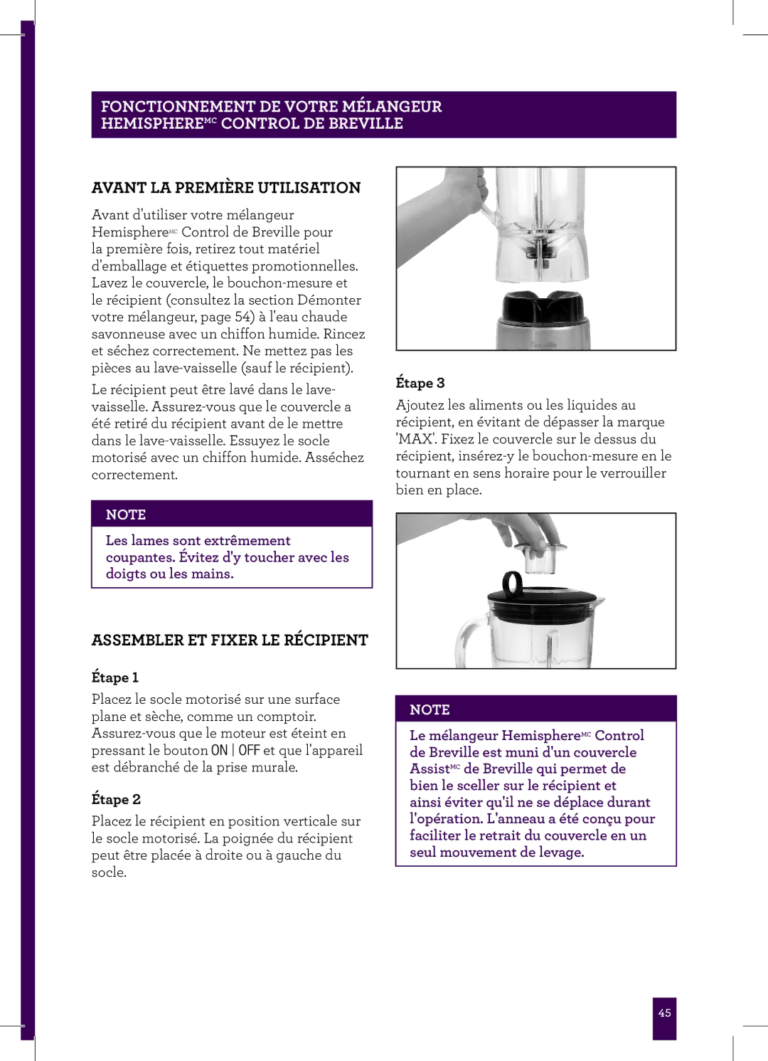 Breville BBL605XL, Breville manual Avant LA Première Utilisation, Assembler ET Fixer LE Récipient, Étape 