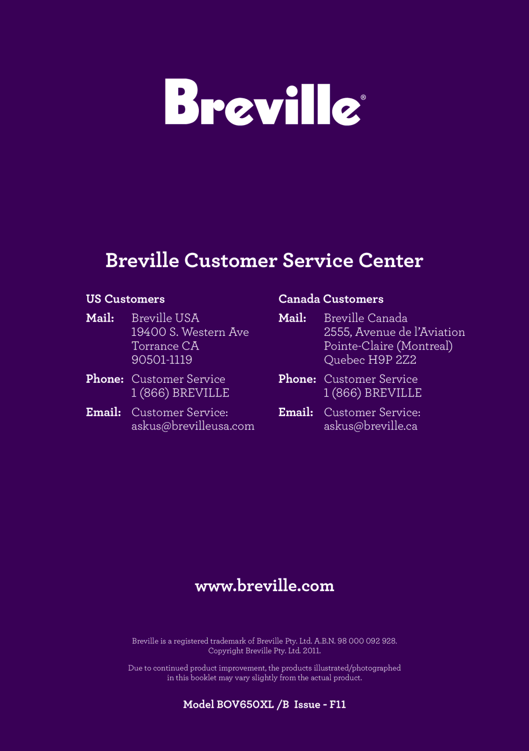 Breville Breville Compact Smart Oven, BOV650XL /B Issue - F11 manual Breville Customer Service Center 