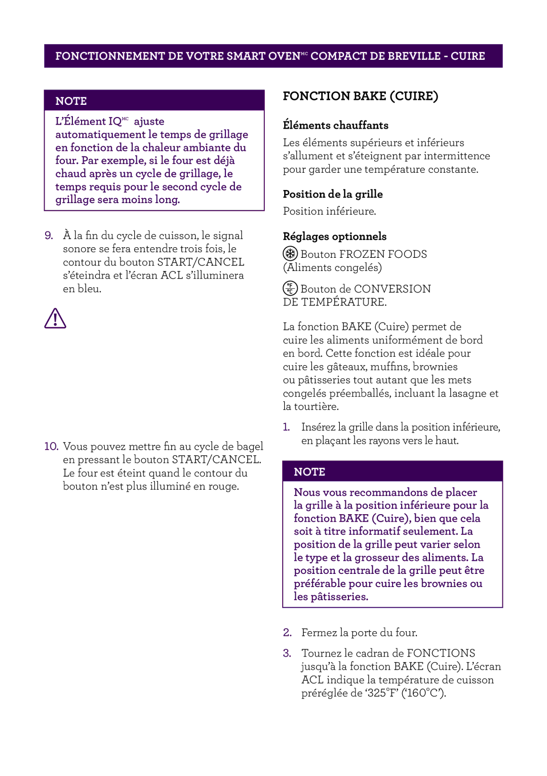Breville BOV650XL /B Issue - F11, Breville Compact Smart Oven manual Fonction Bake Cuire, Réglages optionnels 