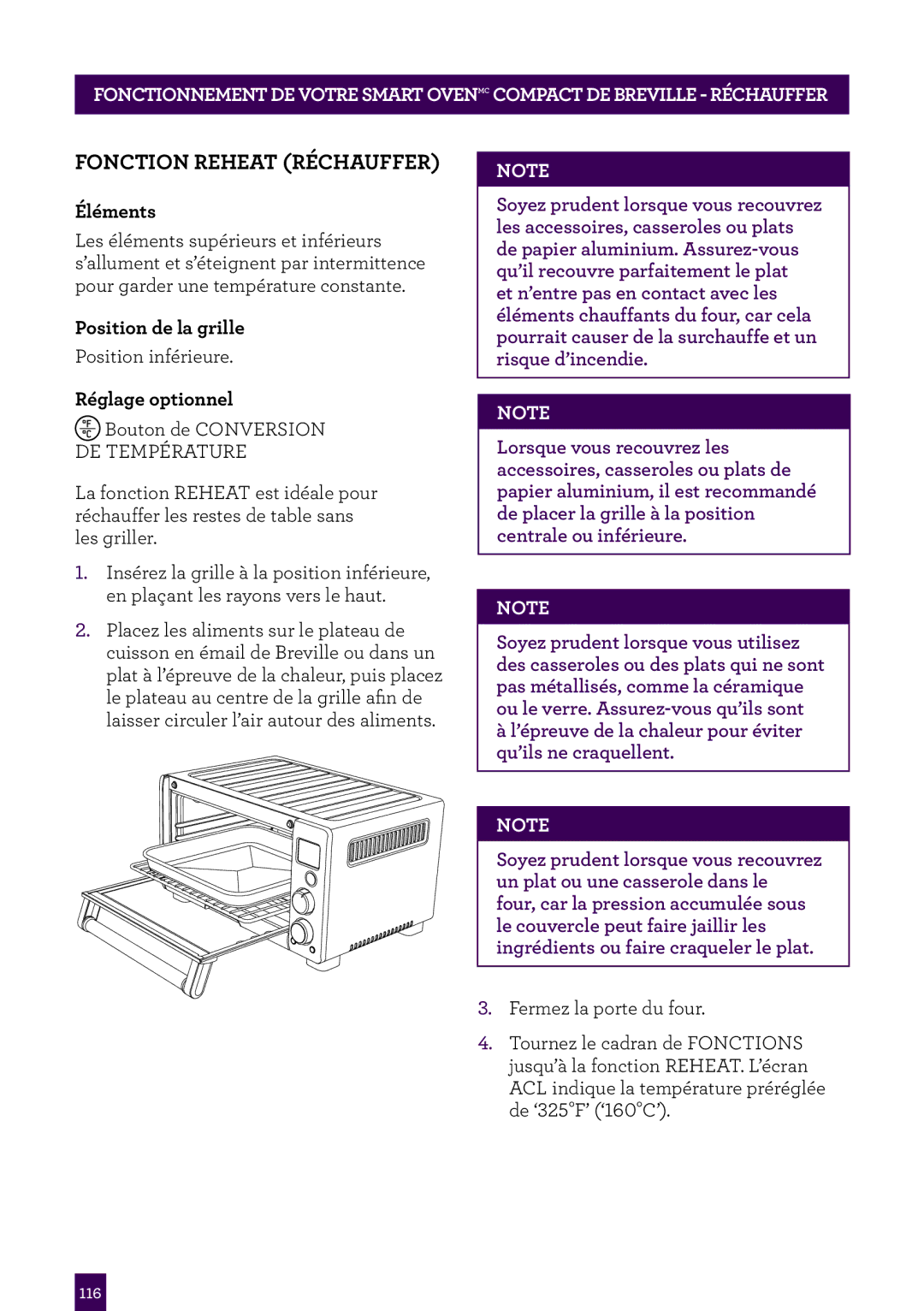 Breville Breville Compact Smart Oven, BOV650XL /B Issue - F11 manual Fonction Reheat Réchauffer, DE Température 