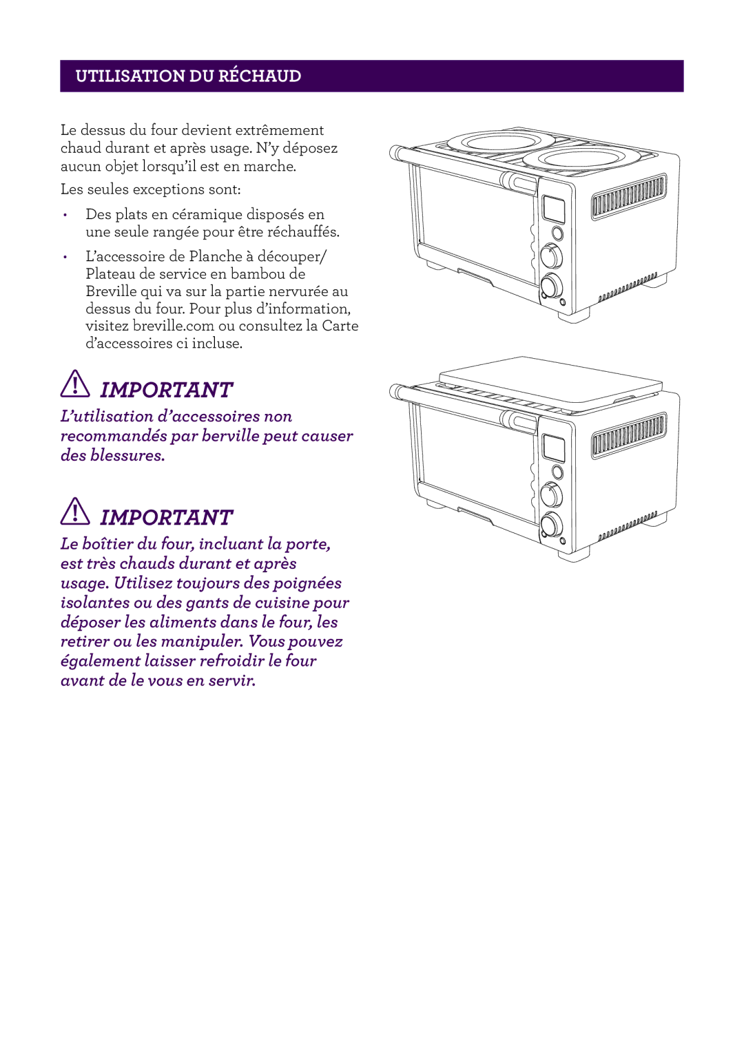 Breville BOV650XL /B Issue - F11, Breville Compact Smart Oven manual Utilisation DU Réchaud 