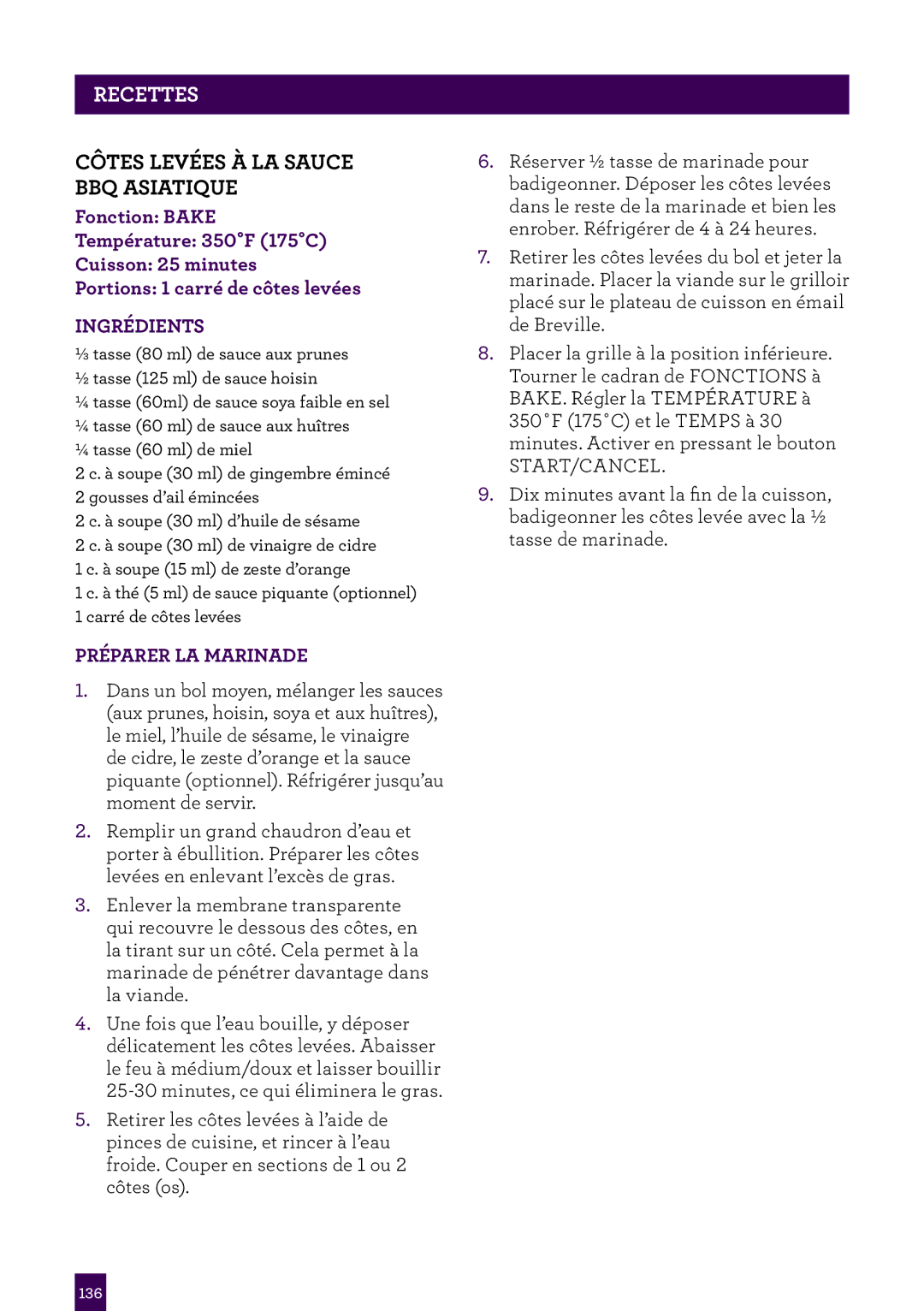 Breville Breville Compact Smart Oven, BOV650XL /B Issue - F11 Côtes Levées à la Sauce BBQ Asiatique, Préparer la marinade 