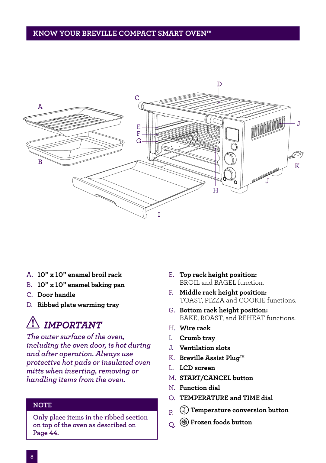 Breville BOV650XL /B Issue - F11 manual Know Your Breville Compact Smart Oven, Bottom rack height position 