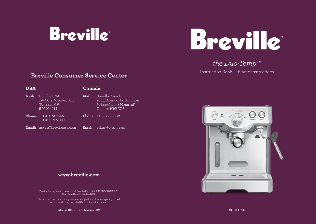 Breville BREVILLE800ESXL manual Mail, Phone, Email, the Duo-Temp, Breville Consumer Service Center, Canada 