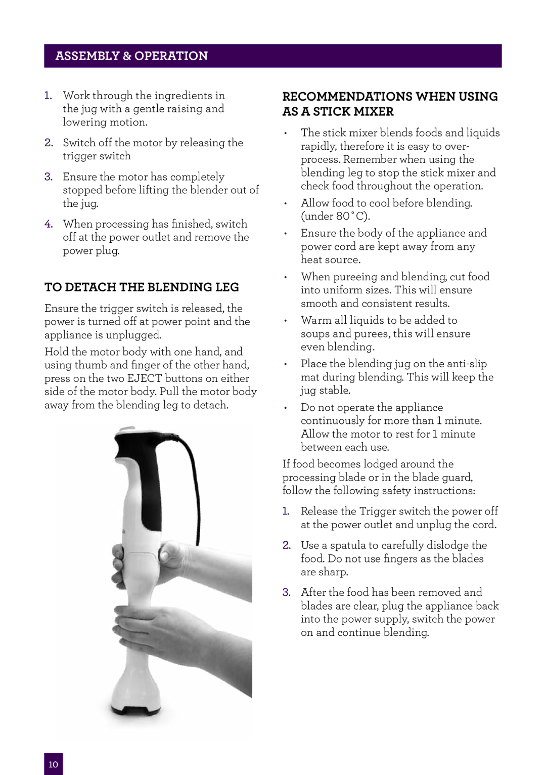 Breville BSB400 manual To detach the blending leg, Recommendations when using as a stick mixer 