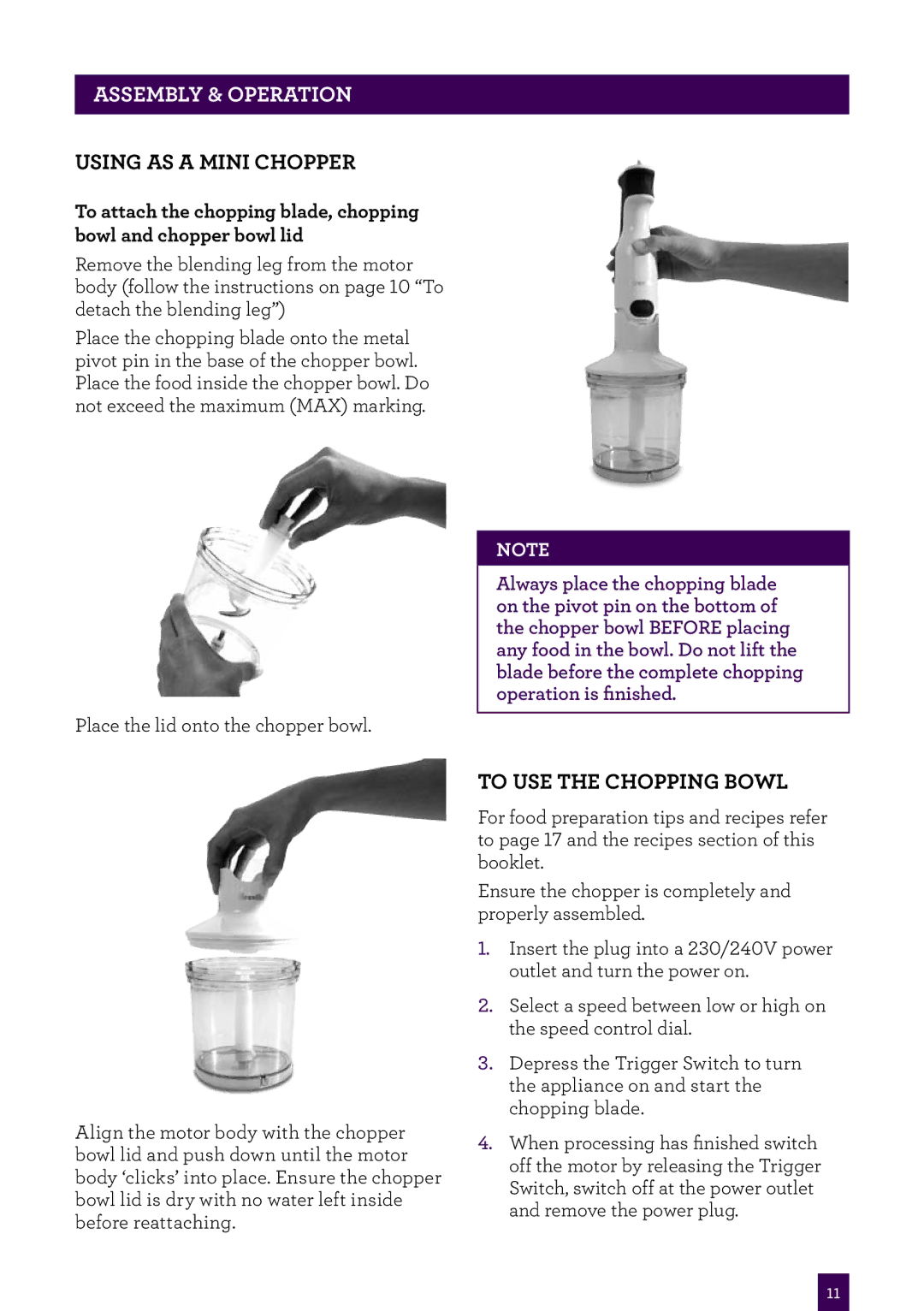 Breville BSB400 manual Using as a mini chopper, To use the chopping bowl 