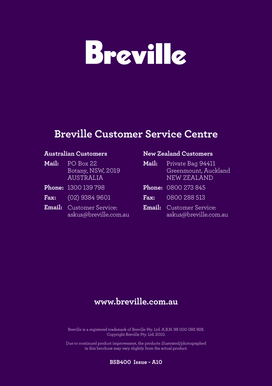 Breville BSB400 manual Australian Customers New Zealand Customers Mail, Phone, Fax 