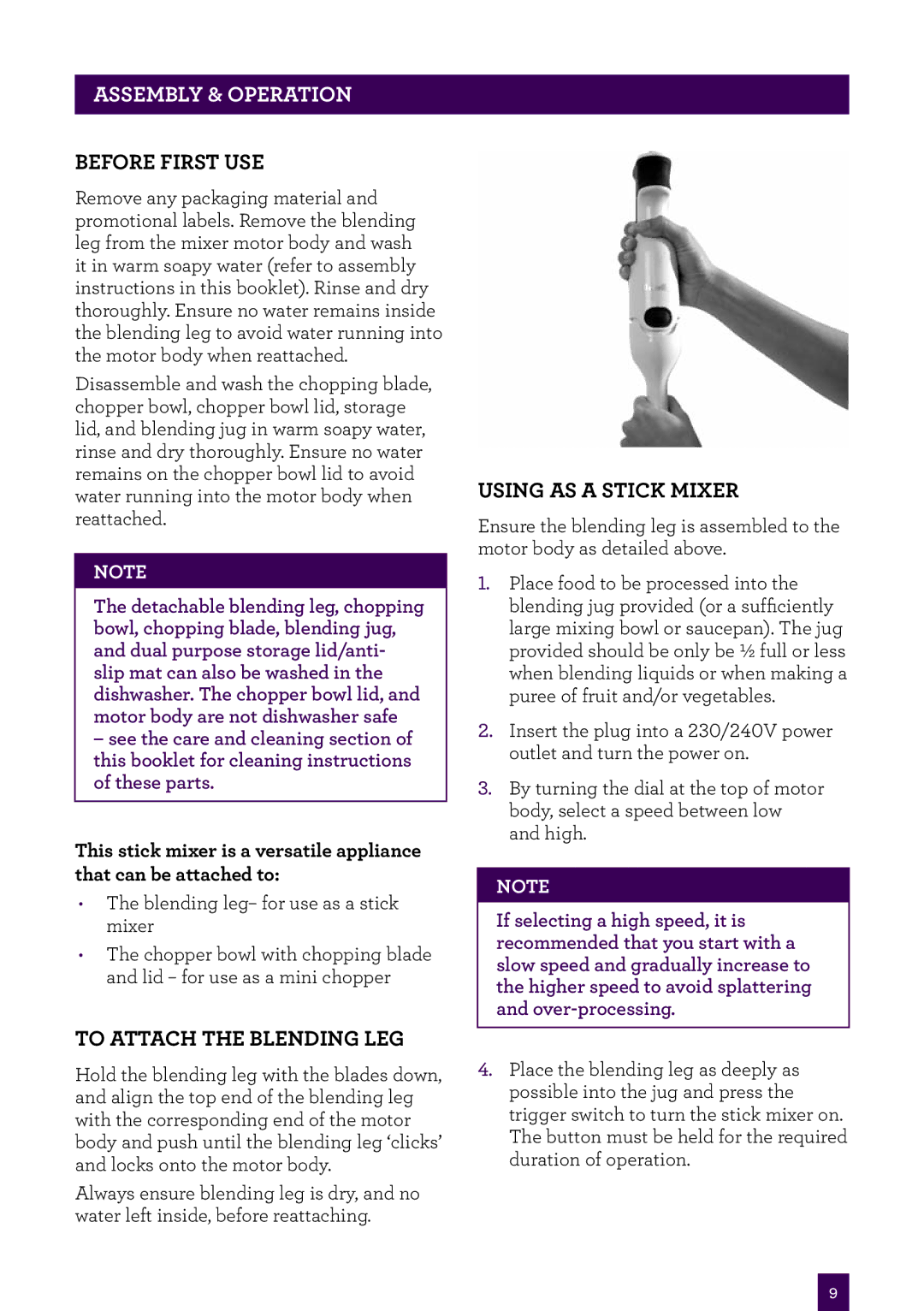 Breville BSB400 manual Assembly & Operation, Before first use, To attach the blending leg, Using as a stick mixer 