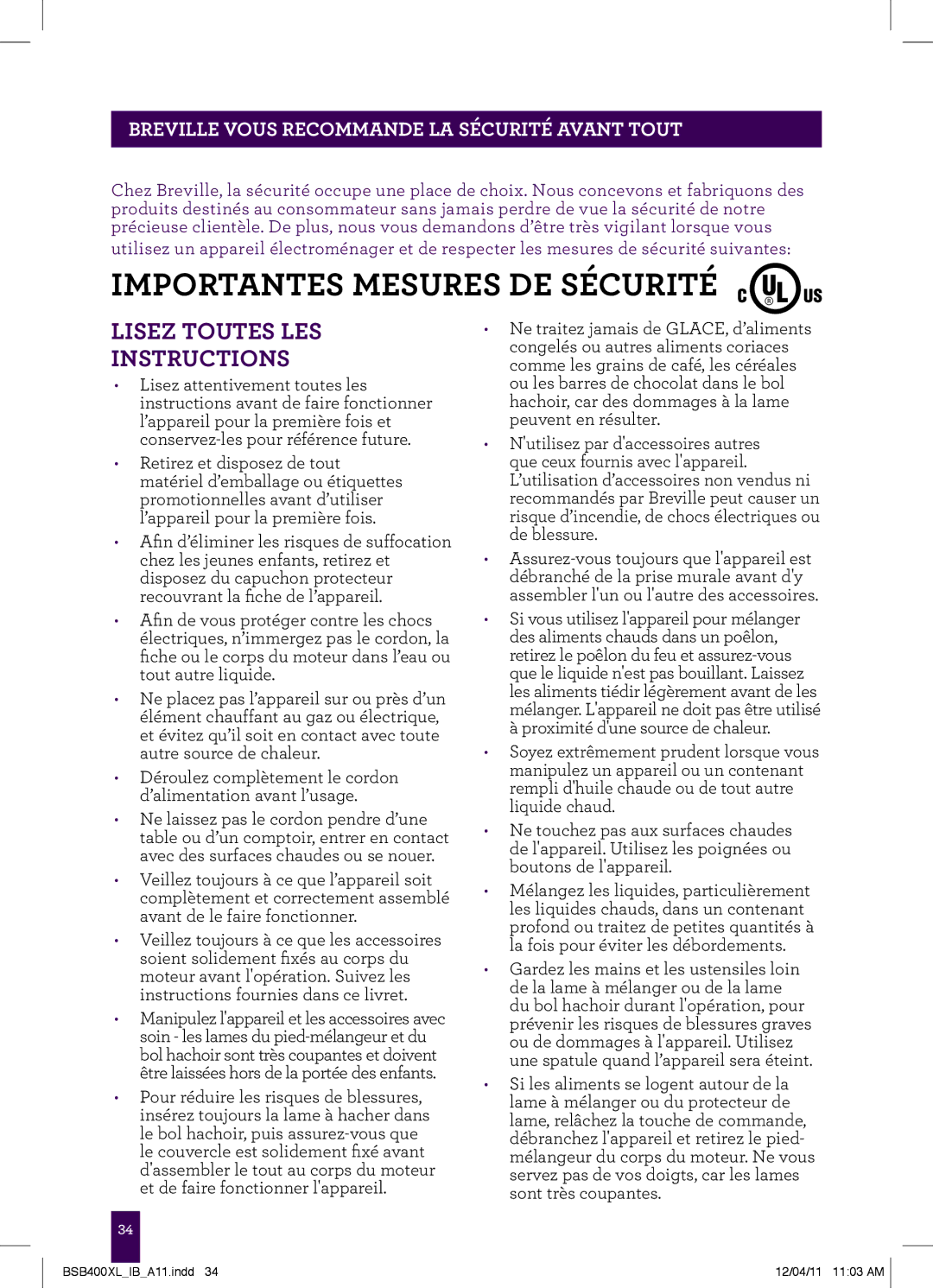 Breville BSB400XL manual Importantes Mesures DE Sécurité, Breville Vous Recommande LA Sécurité Avant Tout 