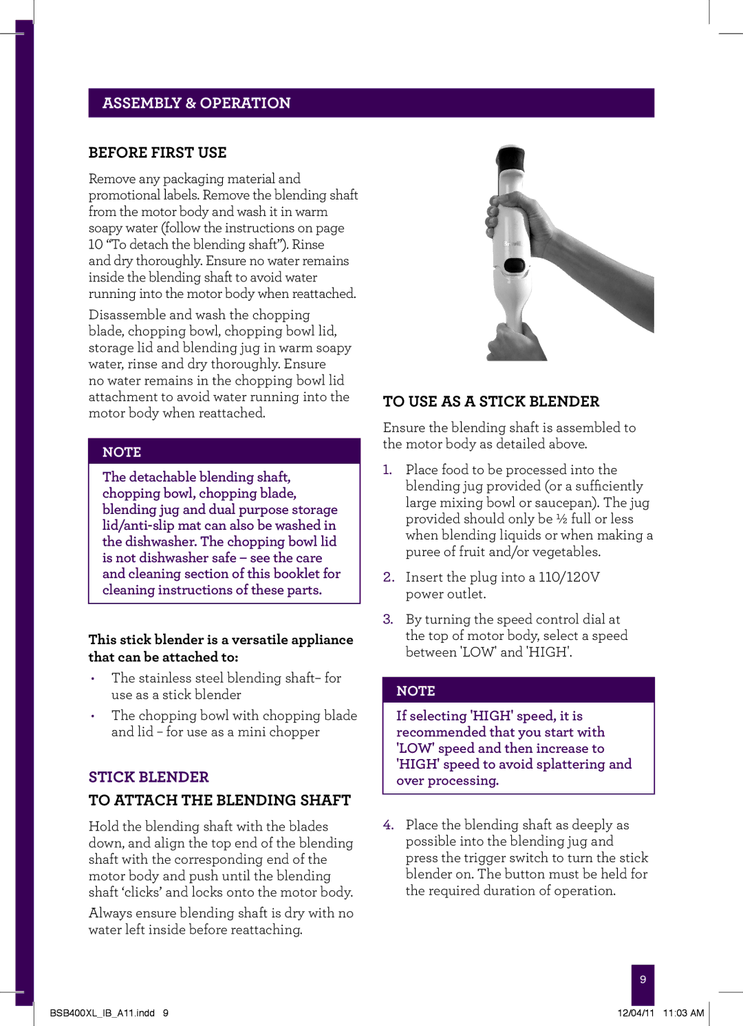 Breville BSB400XL manual Assembly & Operation, Before first use, To attach the blending shaft, To USE AS a Stick Blender 