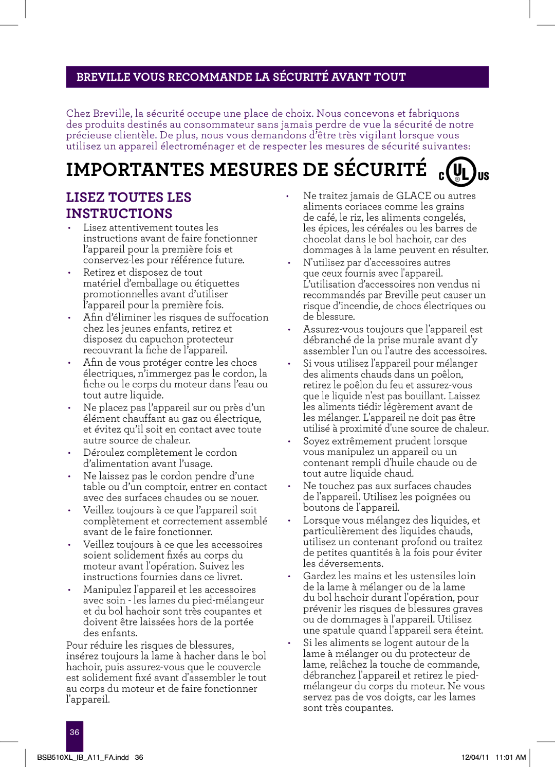 Breville BSB510XL manual Importantes Mesures DE Sécurité, Breville Vous Recommande LA Sécurité Avant Tout 