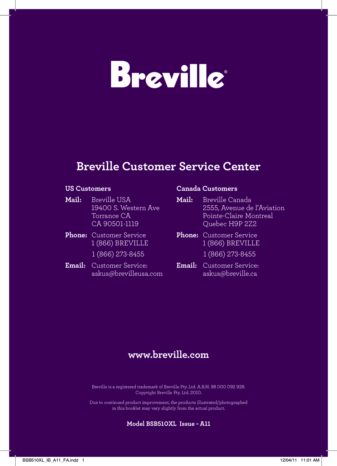 Breville BSB510XL manual Breville Customer Service Center 