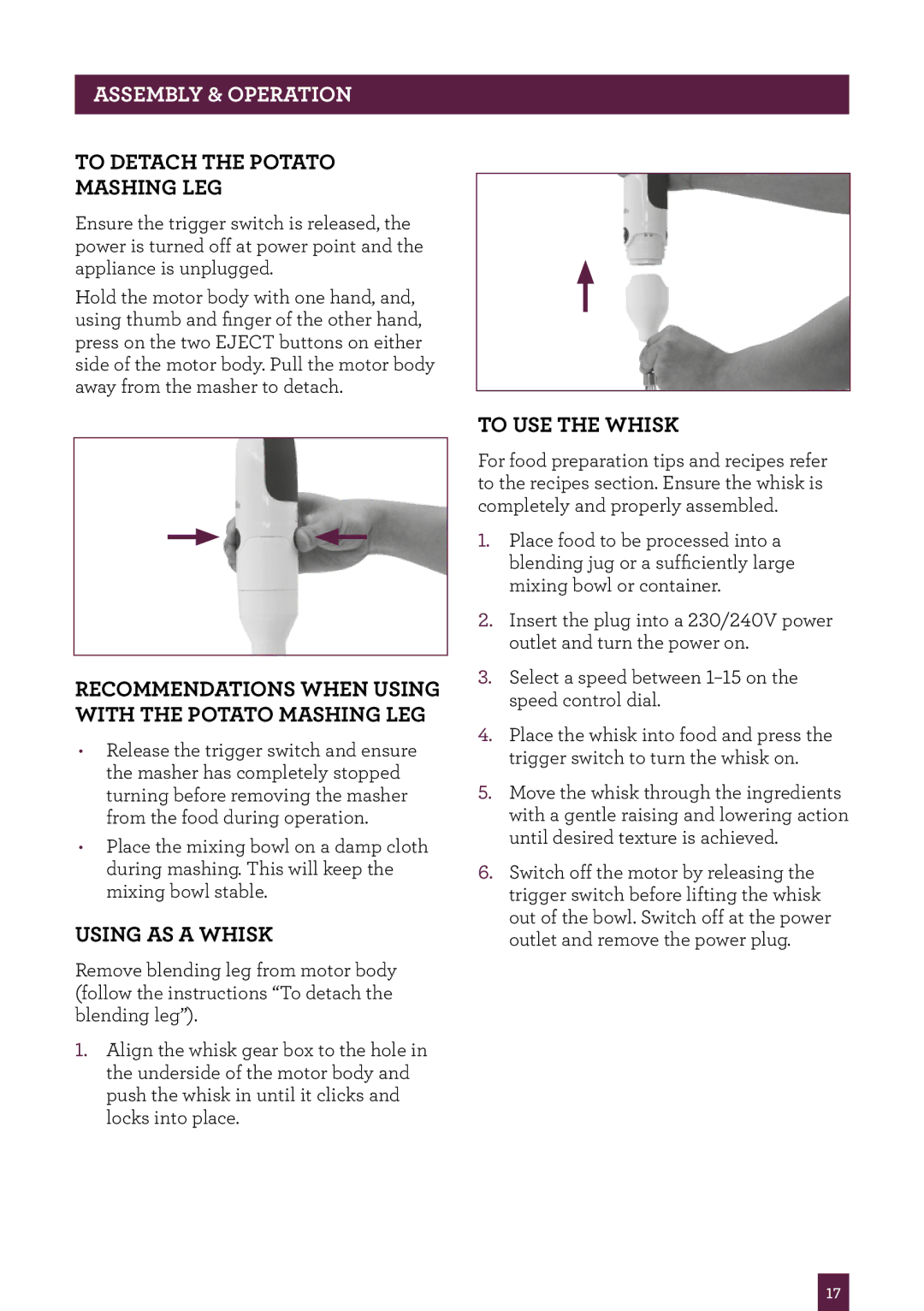 Breville BSB530 To Detach the Potato Mashing LEG, Recommendations When Using with the Potato Mashing LEG, Using AS a Whisk 