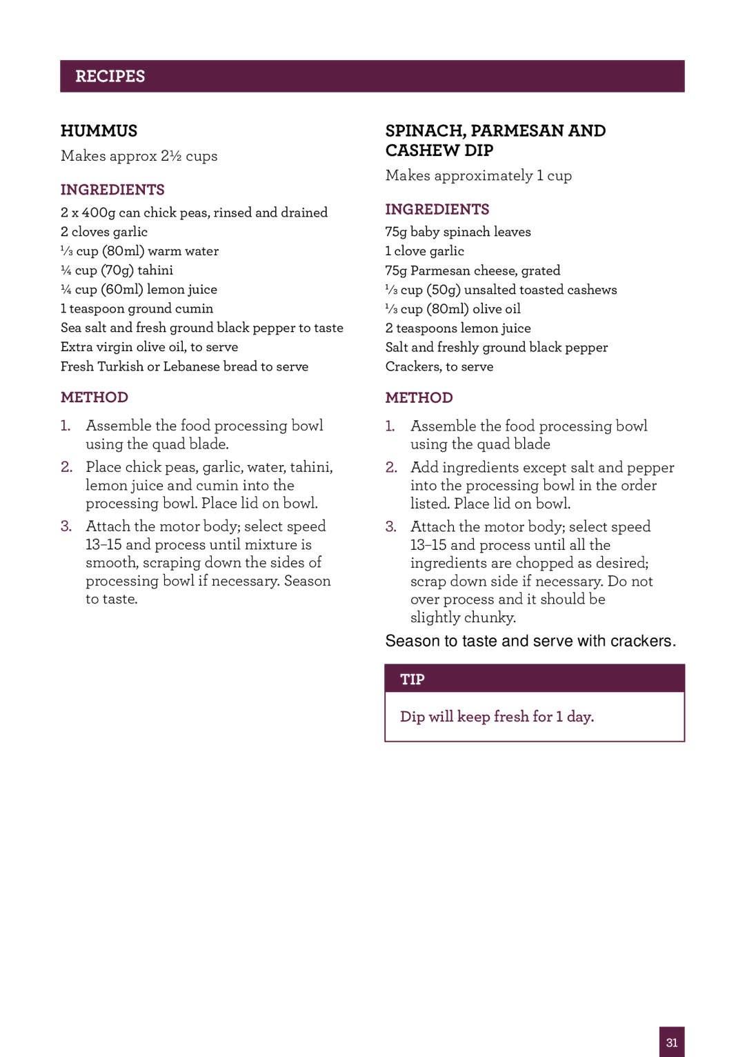 Breville BSB530 manual Hummus, Spinach, Parmesan Cashew Dip 