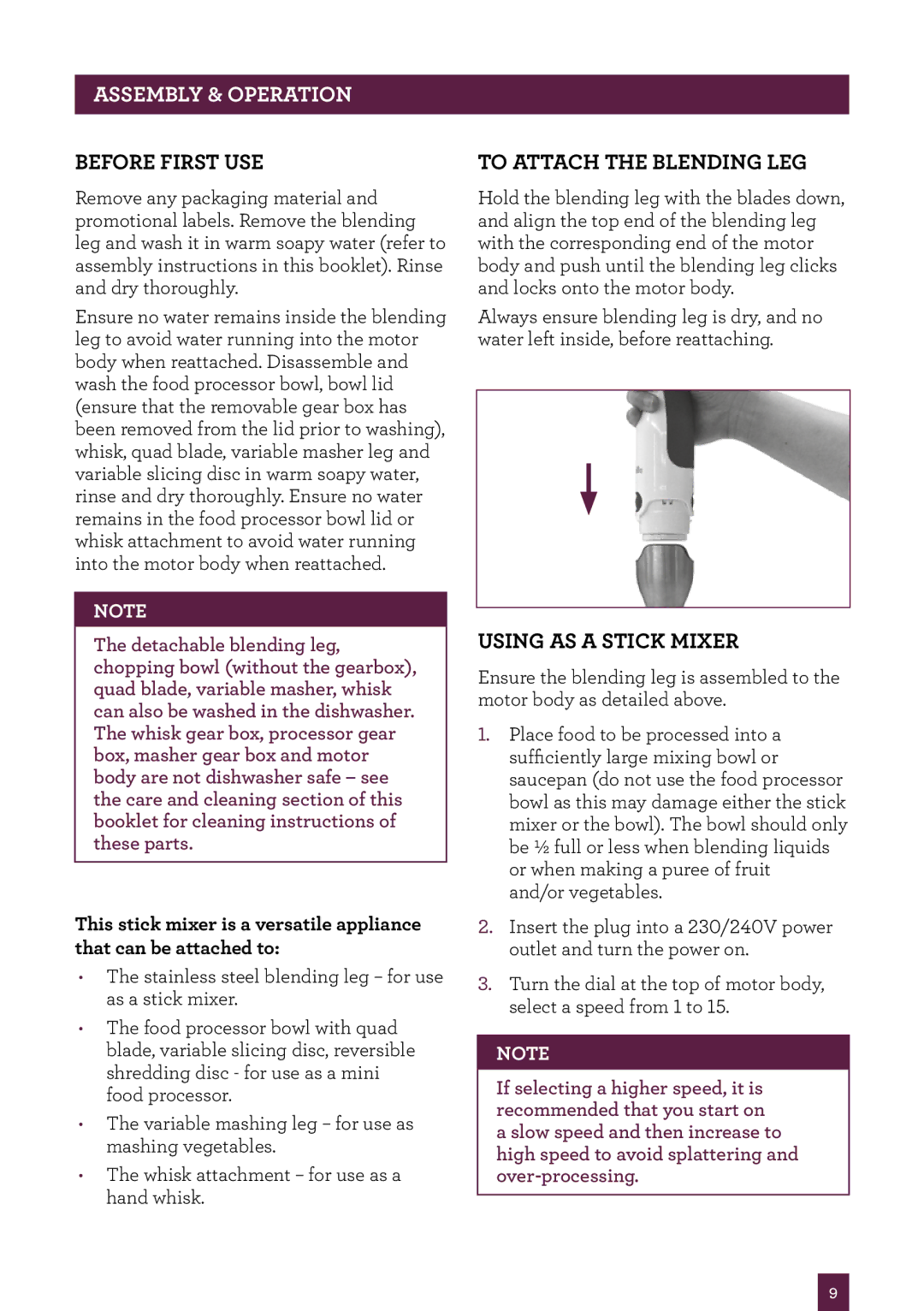 Breville BSB530 manual Before first use, To attach the blending leg, Using as a stick mixer 