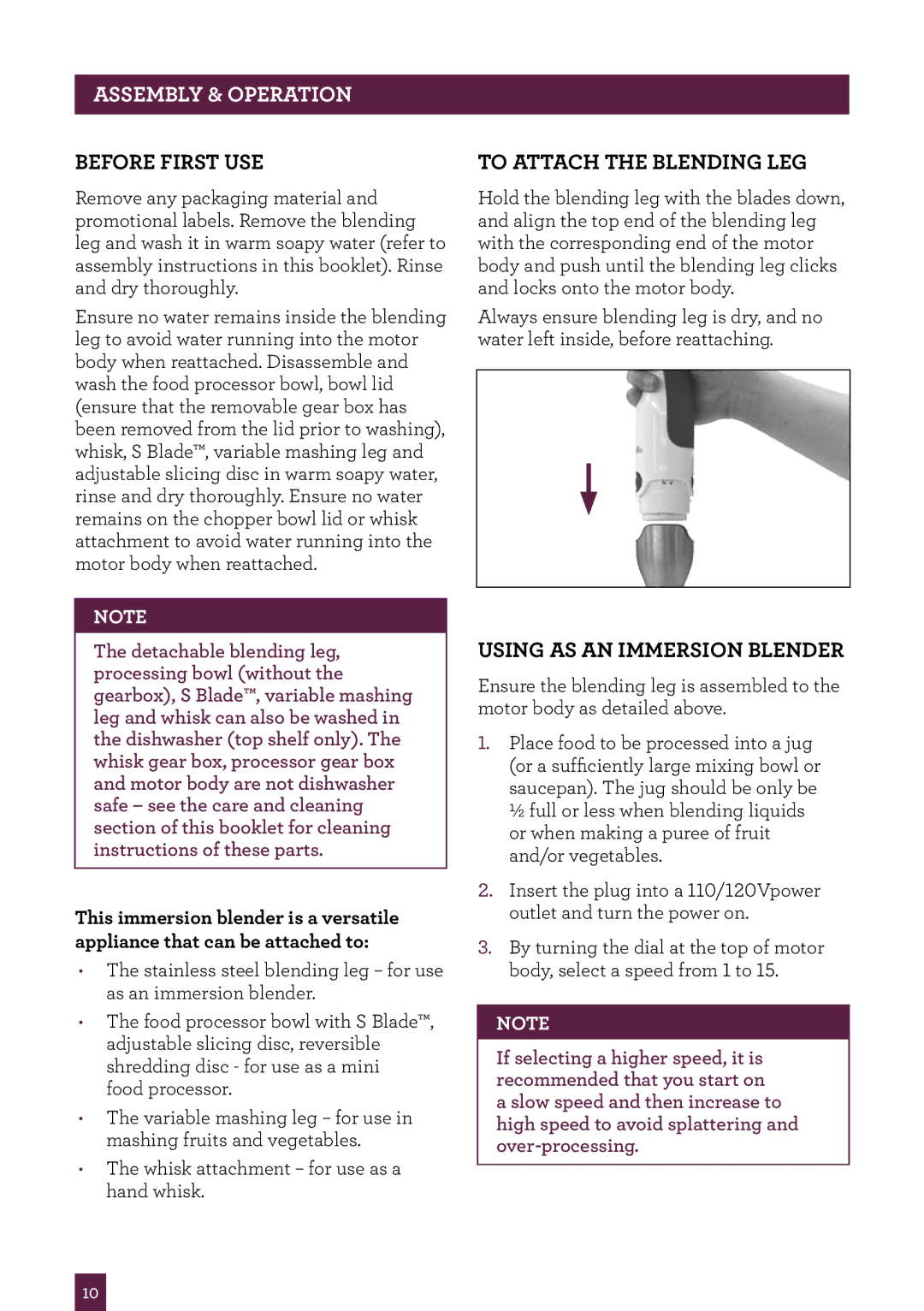 Breville BSB530XL manual Before first use, To attach the blending leg, Using as aN immersion blender 