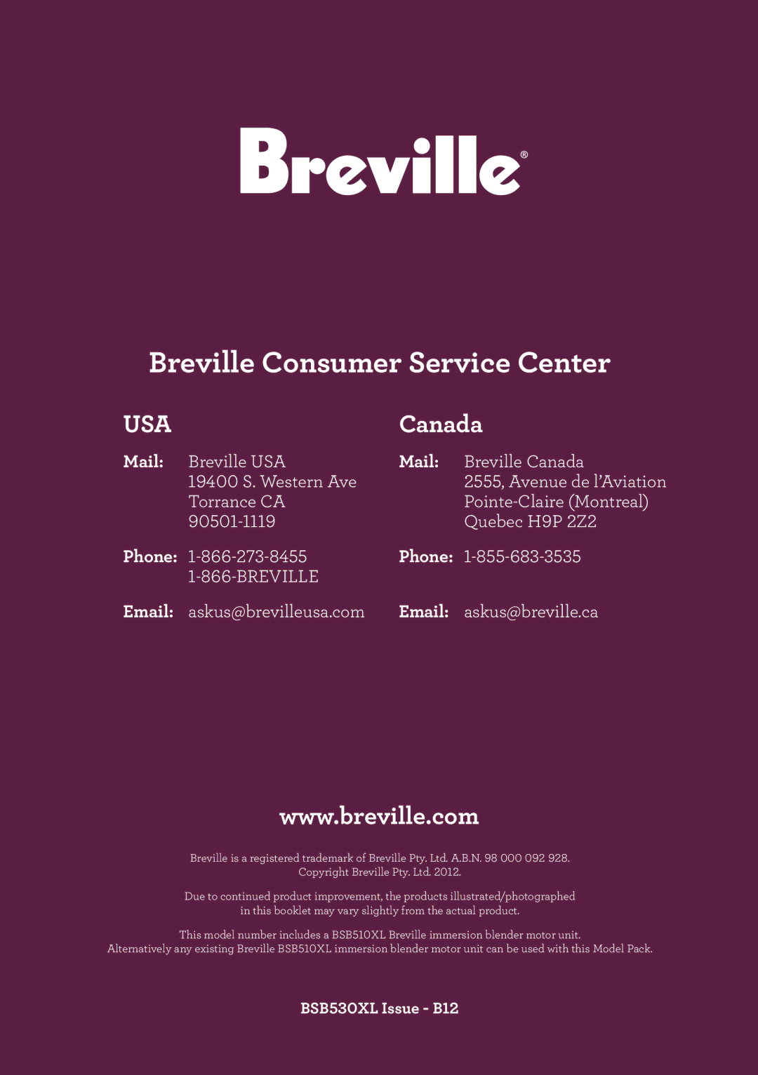 Breville BSB530XL manual Mail, Phone 