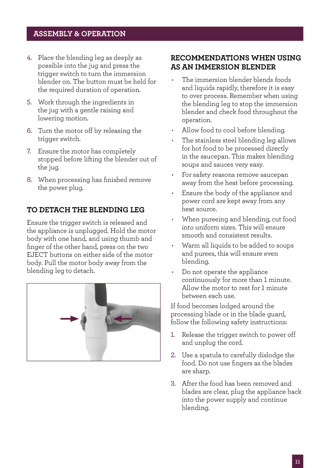 Breville BSB530XL manual To detach the blending leg, Recommendations when using as aN immersion blender 