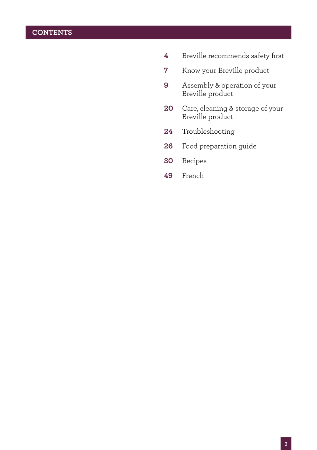 Breville BSB530XL manual Contents 