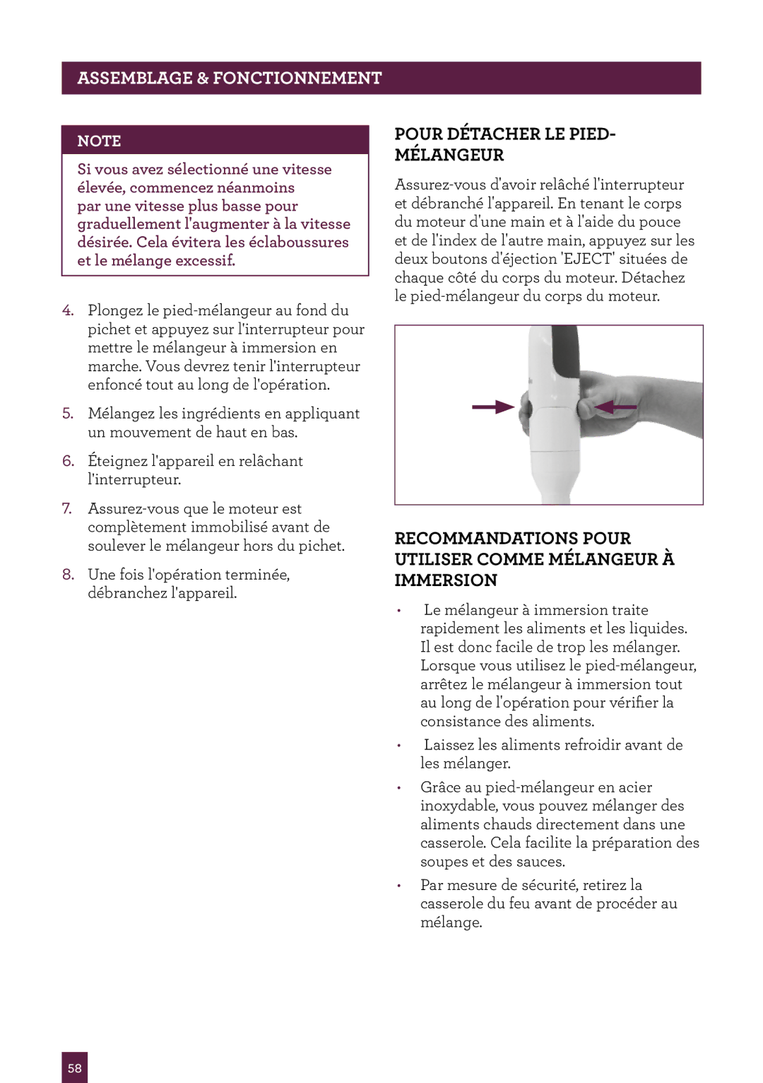 Breville BSB530XL manual Pour Détacher LE Pied Mélangeur, Recommandations Pour Utiliser Comme Mélangeur À Immersion 