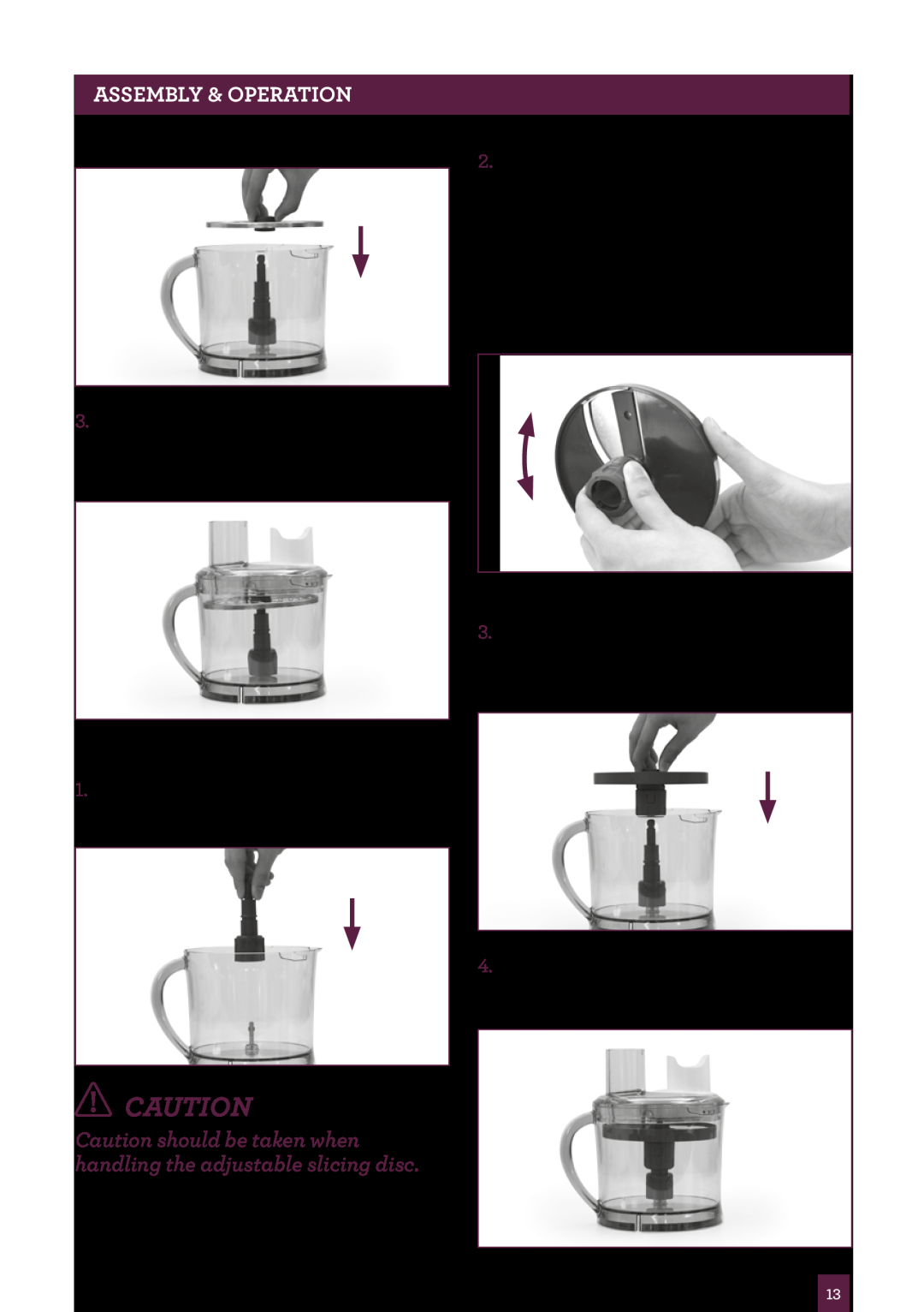 Breville BSB530XL manual Caution should be taken when handling the adjustable slicing disc, PAgeASSEMBLYheader& OPERATION 
