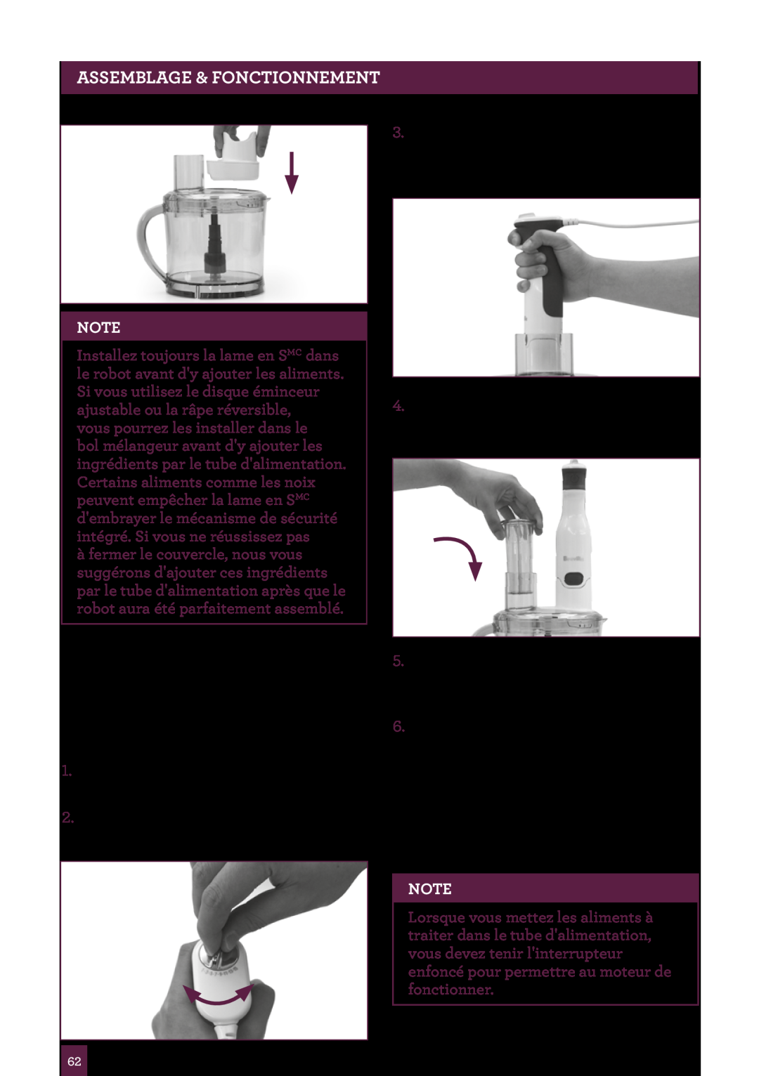 Breville BSB530XL manual Pour Utiliser Le Robot Culinaire, Assemblage & Fonctionnement 