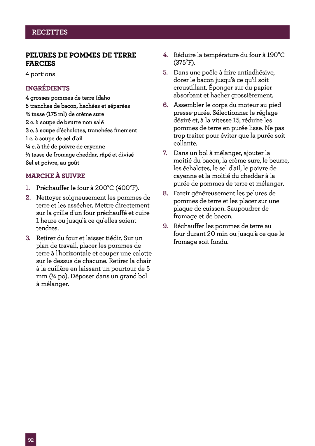 Breville BSB530XL manual Pelures De Pommes De Terre Farcies, PAgeRECETTESheader, Ingrédients, Marche À Suivre 
