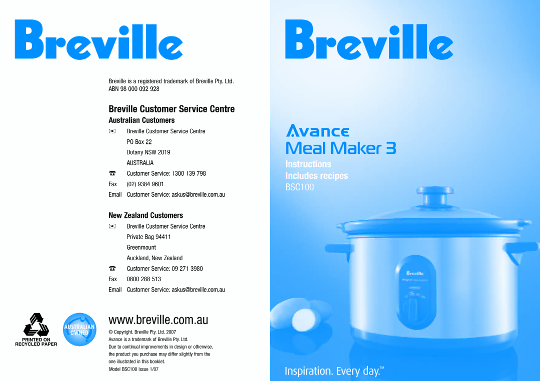 Breville BSC100 manual Breville Customer Service Centre, Botany NSW 2019 Australia 