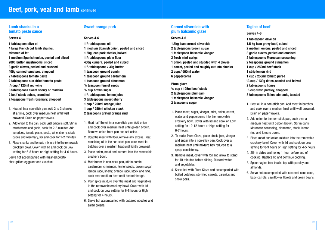 Breville BSC100 manual Lamb shanks in a, Tomato pesto sauce, Tagine of beef 