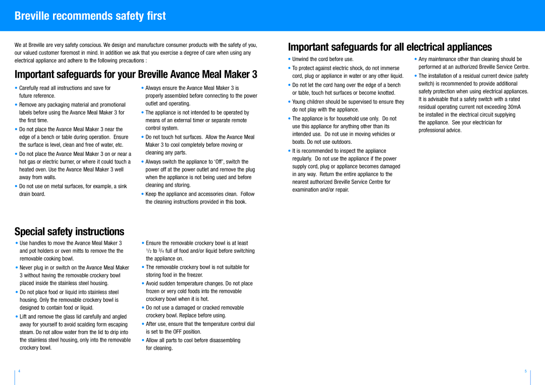 Breville BSC100 manual Breville recommends safety first 