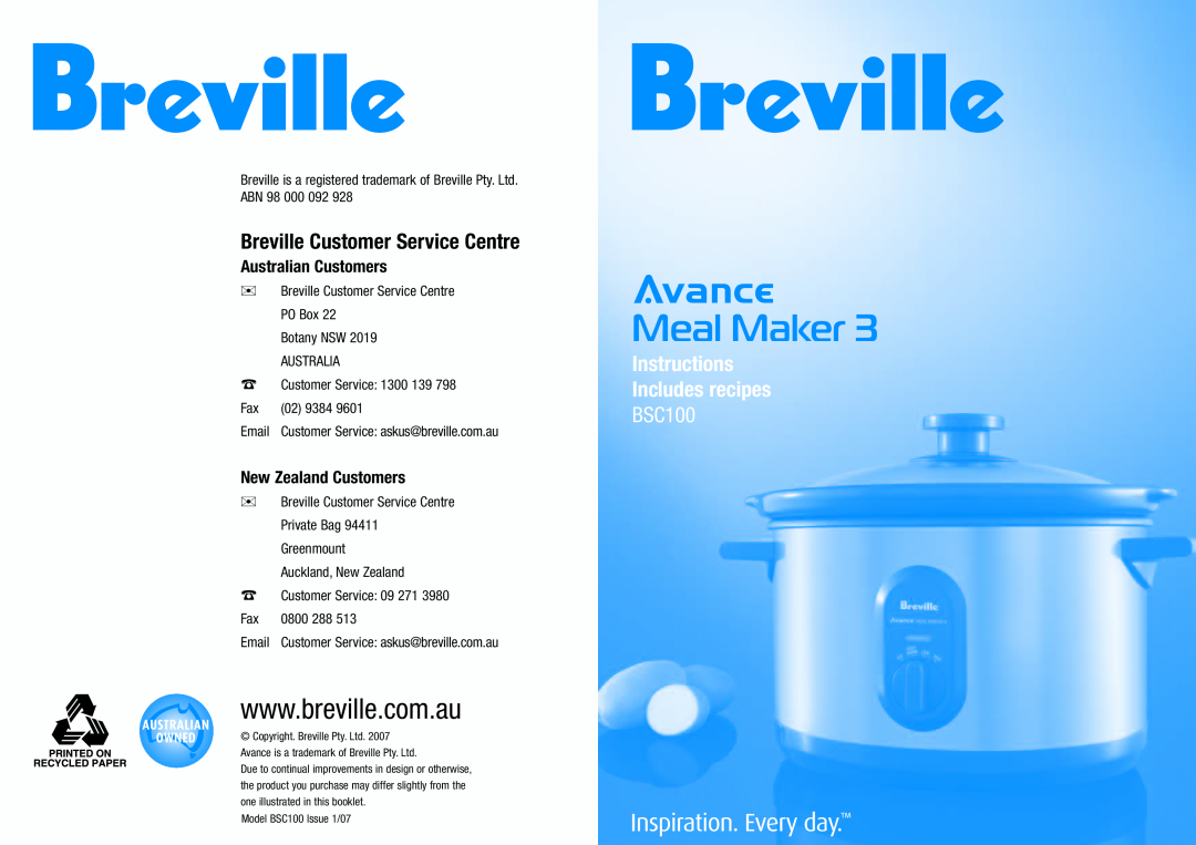 Breville BSC100 manual Breville Customer Service Centre, Meal Maker, Instructions Includes recipes, Australian Customers 