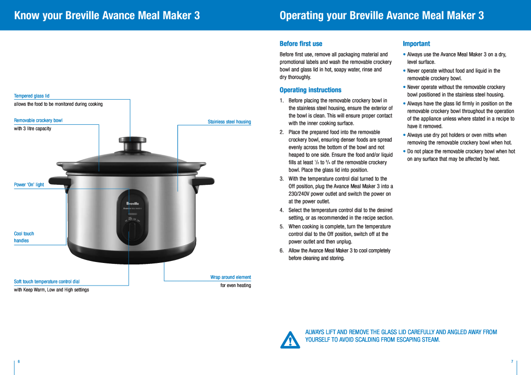Breville BSC100 manual Know your Breville Avance Meal Maker, Operating your Breville Avance Meal Maker, Before first use 
