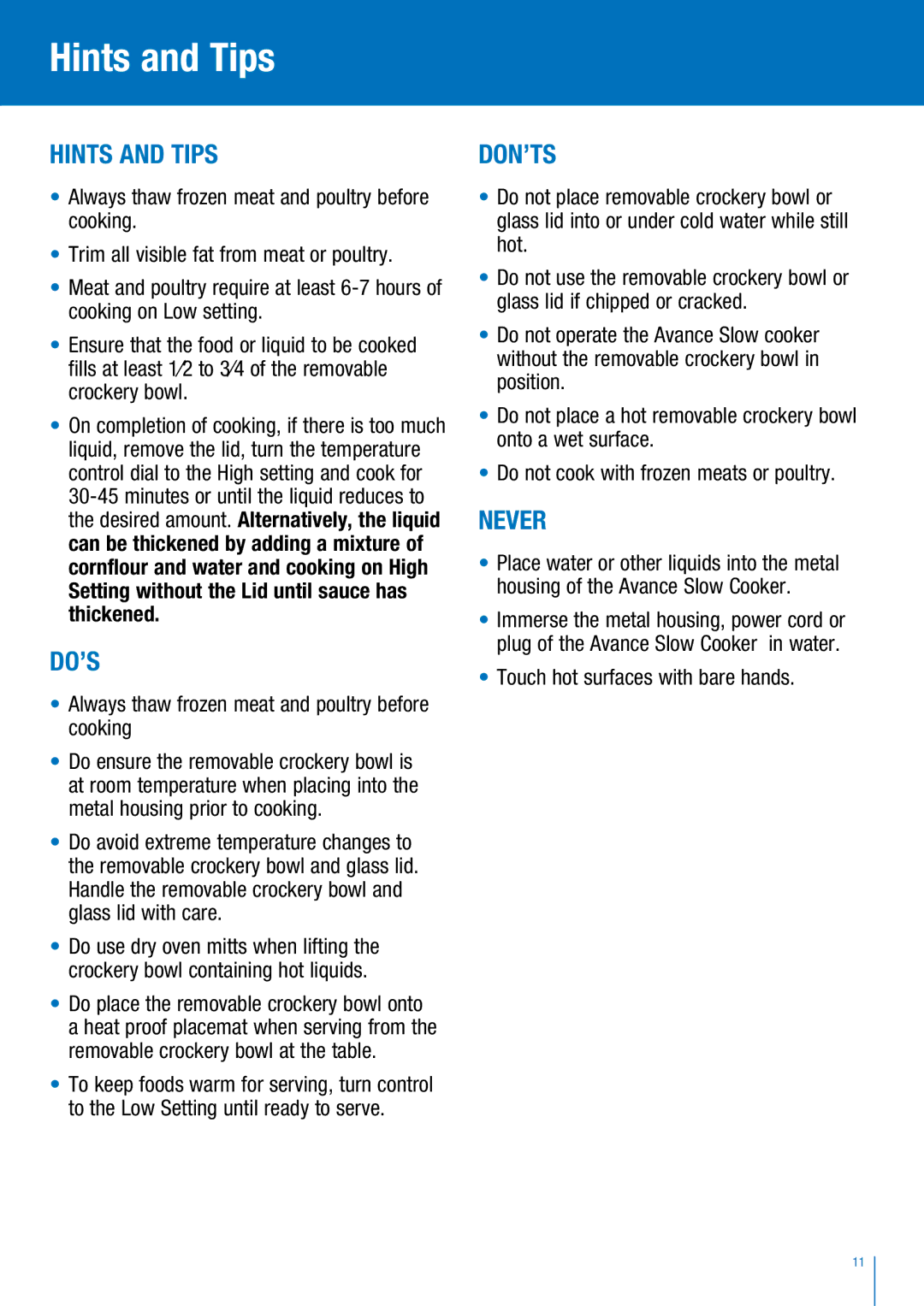 Breville BSC300W manual Hints and Tips, Hints and tips, Do’s, Don’ts, Never 