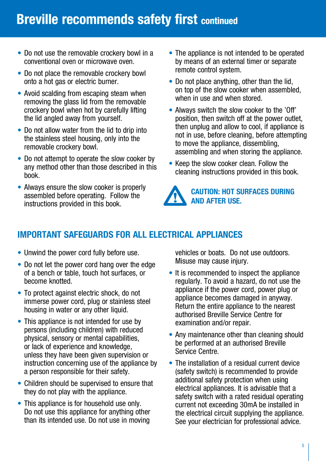 Breville BSC300W manual Important Safeguards for ALL Electrical Appliances 