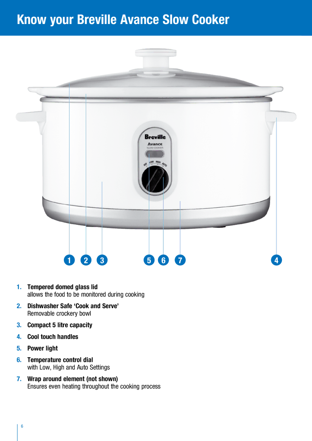 Breville BSC300W manual Know your Breville Avance Slow Cooker, Tempered domed glass lid 