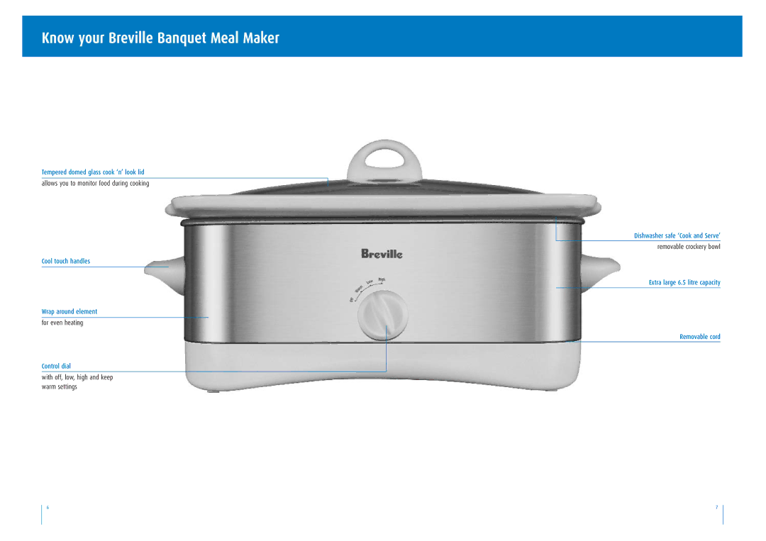 Breville BSC400 manual Know your Breville Banquet Meal Maker, With off, low, high and keep warm settings 