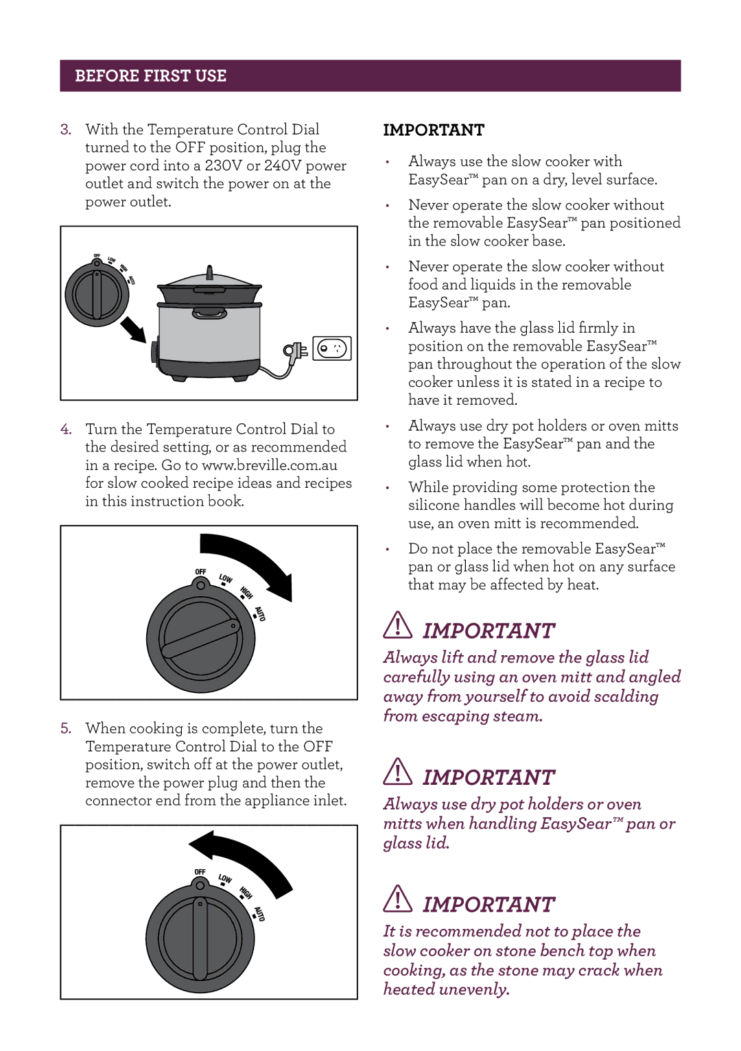 Breville BSC500 manual Before first use 