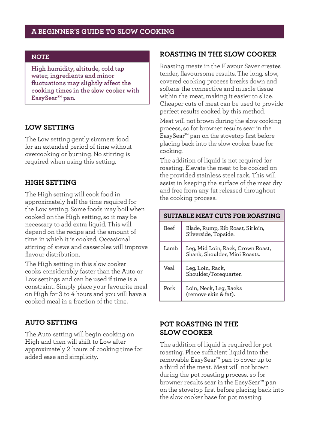 Breville BSC500 manual Low Setting, POT Roasting Slow Cooker 