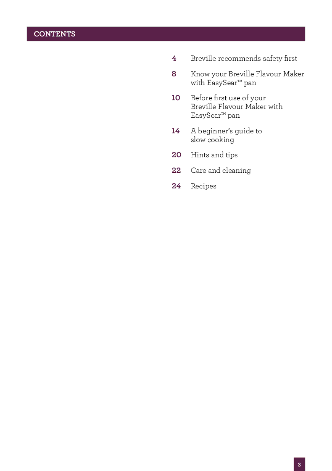 Breville BSC500 manual Contents 